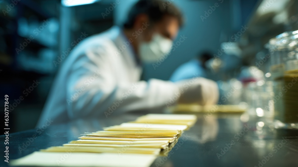 Poster medium shot focusing on scented paper strips laid out on a lab bench with a blurred technician worki