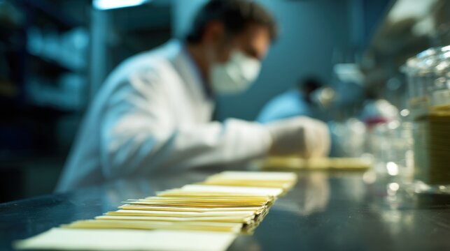 Medium shot focusing on scented paper strips laid out on a lab bench with a blurred technician working in the background capturing the precise preparation phase for retail aroma