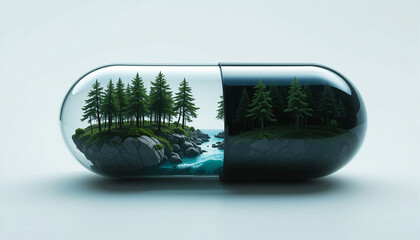 Forest and River Encapsulated &ndash; Conceptual Nature Scene in Transparent and Black Capsule on White Background