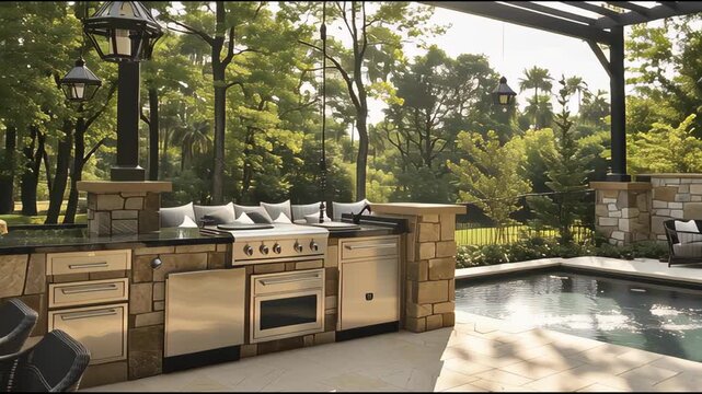 Panoramic luxurious outdoor kitchen and dining retreat showcasing high-end stainless steel grill, granite countertops, built-in refrigerator, and comfortable seating under a covered patio overlooking 
