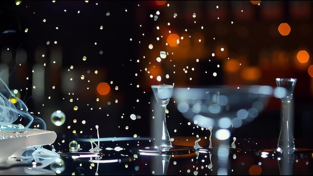 Dynamic hyper-realistic AI food video of a glowing gel orb impacting liquid with splash arcs, ethereal smoke, and molecular gastronomy flair in cinematic slow-motion.