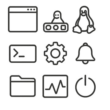 Operating System Icons. Line style icons of Operating System Interfaces: window desktop, macOS dock, Linux penguin, command line,