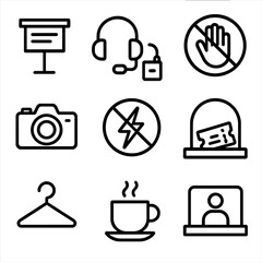 Museum Signage Icons. Outline style icons of Public signage: museum exhibit label, audio guide earphone, do not touch hand slash,