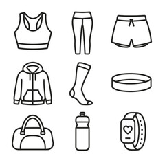 Activewear Line Icons. Line style icons of Activewear Wardrobe: sports bra, yoga legging, running short, hoodie jacket,