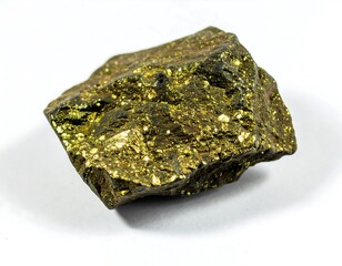 Gold-colored mineral specimen against white background