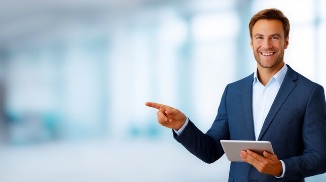 Smiling Caucasian businessman holding a digital tablet in left hand and pointing with right hand, copy space