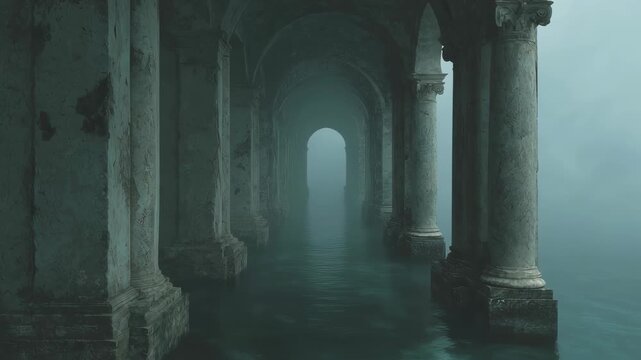 Misty underwater ruins with stone columns and arches. Ancient submerged city in foggy ocean. Mysterious abandoned architecture. Atlantis concept for fantasy game background.