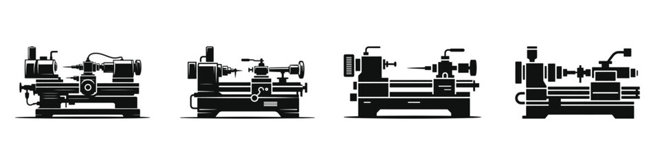 Set of Lathe Machine Silhouette Icons – Black Vector Industrial Equipment, Metalworking Tools, Workshop Machinery, Isolated Illustration for Manufacturing, Engineering, and Factory Concepts