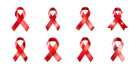Set of red awareness ribbons symbolizing hope and support, isolated on transparent background