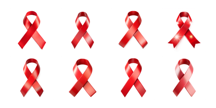Set of red awareness ribbons symbolizing hope and support, isolated on transparent background