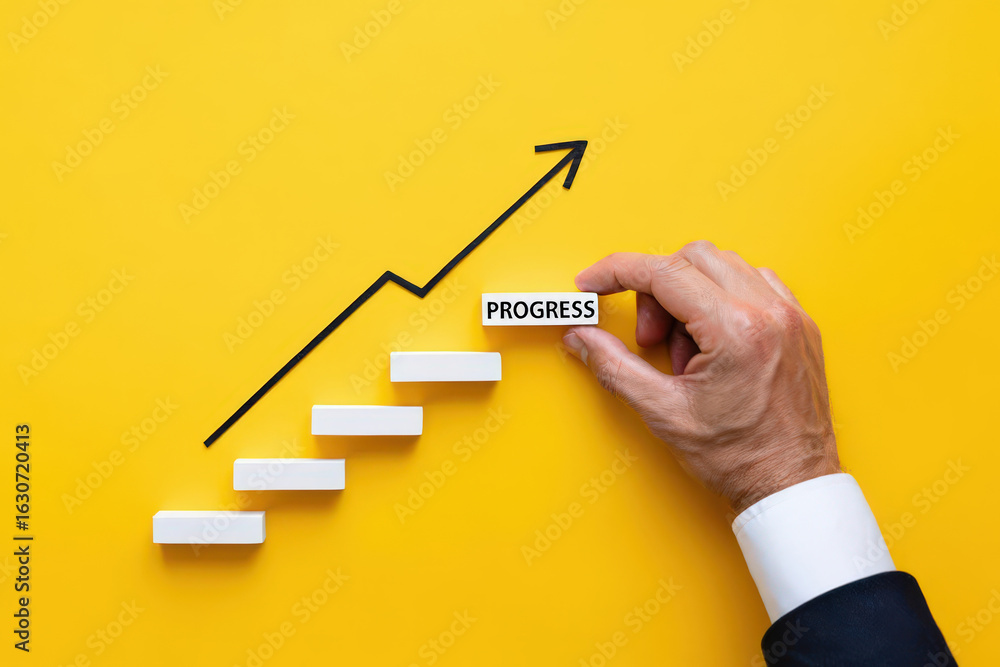Aufkleber building towards success a hand placing a progress block on a staircase chart symbolizing growth and