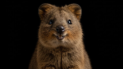 Obraz premium Quokka smiling expression close-up on pure black background, Australian marsupial portrait