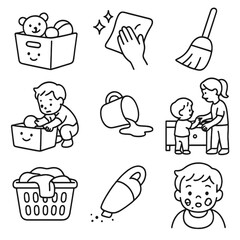 Toddler Cleanup Icons. Outline style icons of toddler cleanup: toy bin, wipe cloth, small broom, putting toys away, spilled cup,