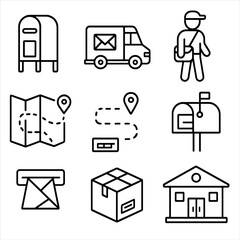 Postal Delivery Icons. Outline style icons of Postal Delivery: mailbox, mail truck, mailman with satchel, delivery route map,