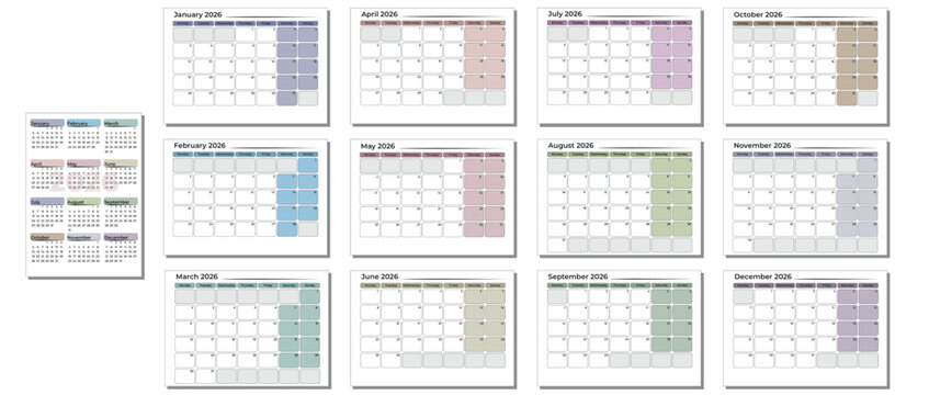 Work planner with calendar for 2026. Empty grid for daily and monthly schedule. Pastel color planner template for 2026. Calendar for notes, vector illustration.
