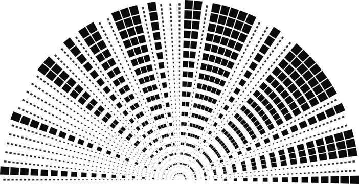 Semi-circle containing square rays extending outward with a central hollow circular space.