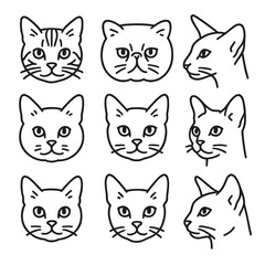 Short-haired Cat Icons. Outline style icons of Short-haired Cat Breeds Heads: American Shorthair face, Exotic Shorthair head,
