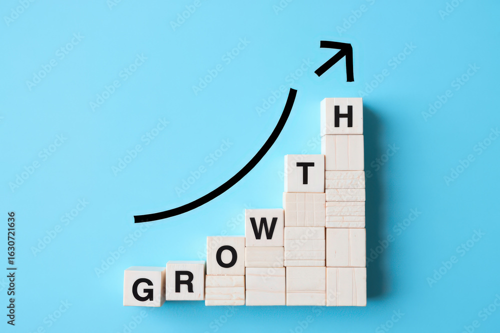 Poster conceptual growth chart with wooden blocks and upward arrow on blue background depicting business su