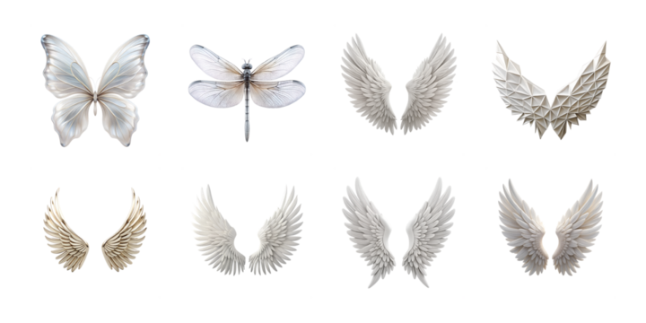 Assortment of eight pairs of angel wings and insect wings in neutral tones, isolated on transparent background