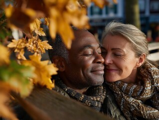 Loving Couple Embracing Outdoors Autumn Leaves CloseUp Warm Tones.