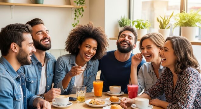 Joyful Friends Gathering at Café with Drinks and Delicious Treats