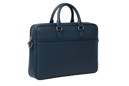 Professional blue leather briefcase featuring silver hardware, showcasing sleek design for contemporary business environment, set against transparent backdrop