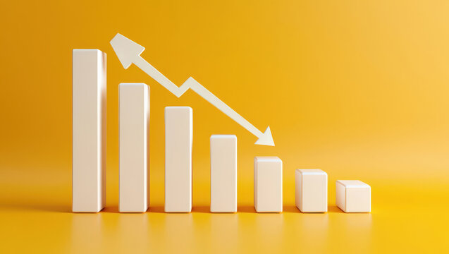 3D Render of Decreasing Bar Graph with Arrow on Yellow Background Representing Economic Downturn and Financial Loss in Business