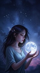 Naklejka premium Celestial Luminescence: A young woman gazes at the moon in her hands, stars twinkling in the night sky, bathed in an ethereal glow. An image portraying celestial beauty and wonder.