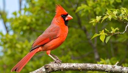 Vibrant red bird perched on a branch amidst lush green foliage