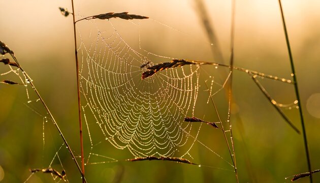 Dew-kissed spiderweb in grass
