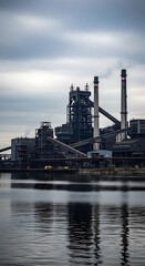 Industrial complex reflected in calm water.
