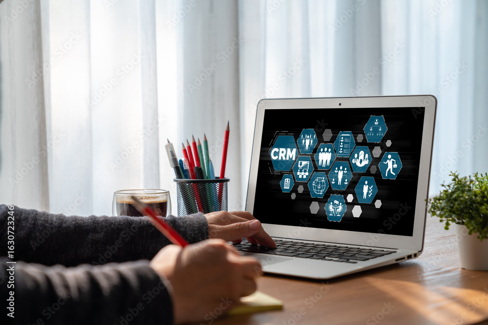 Aufkleber customer relationship management system on modish computer for crm business and enterprise