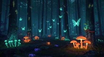 Glowing forest at night
