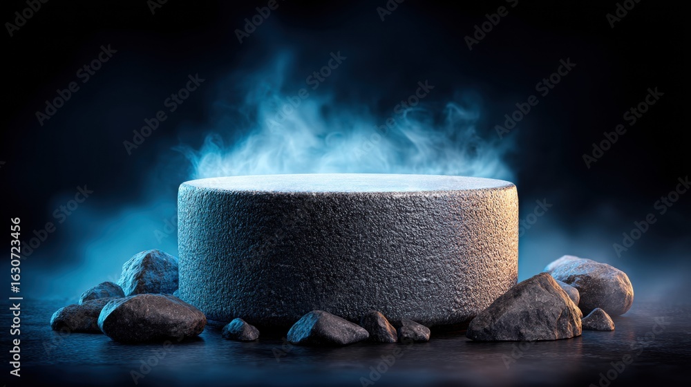 Poster mystical stone platform with rising steam, creating a surreal atmosphere.