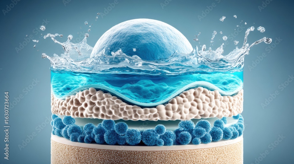 Poster a striking image of a water structure with layers of water and dynamic splashes, perfect for scienti