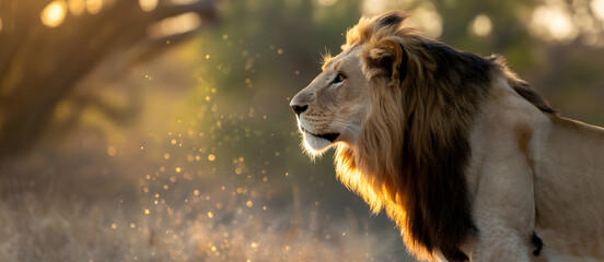 Majestic Lion in Golden Light: A powerful male lion surveys its domain. His striking mane radiates a golden glow against the backdrop of a sun-drenched savannah.