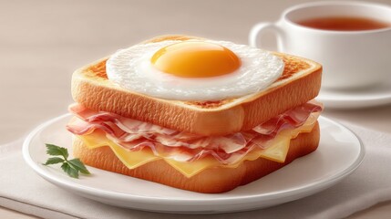 Fototapeta premium This breakfast sandwich features fried egg, ham, and cheese on toasted bread and a cup of tea.
