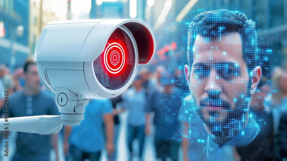 Poster security camera with red targeting system scanning digital holographic human face in urban environme
