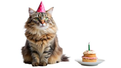 Fluffy maine coon cat celebrates birthday wearing a pink party hat beside a tiny cake