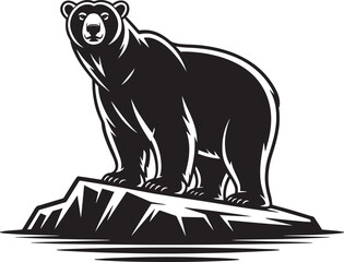 Grizzly Bear Standing on Rock Cliff Wildlife Animal Predator Black and White Vector Illustration