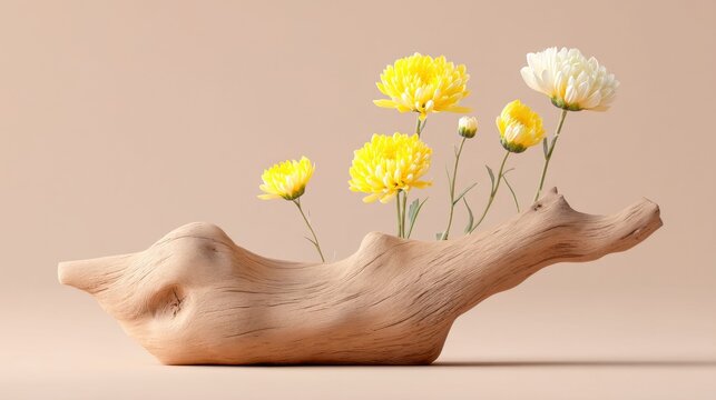 Yellow and white chrysanthemums elegantly displayed in a wooden art piece.