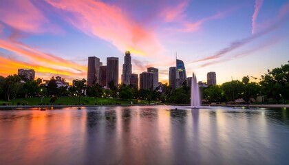 Vibrant sunset hues paint the sky above a city skyline reflected in a calm lake with a fountain