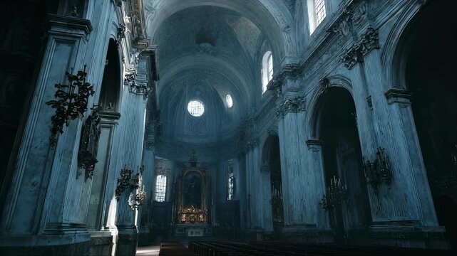 Haunting interior of abandoned church with towering arches and eerie light. Gothic architecture in deserted cathedral. Atmospheric scene for horror film or ghost story concept.