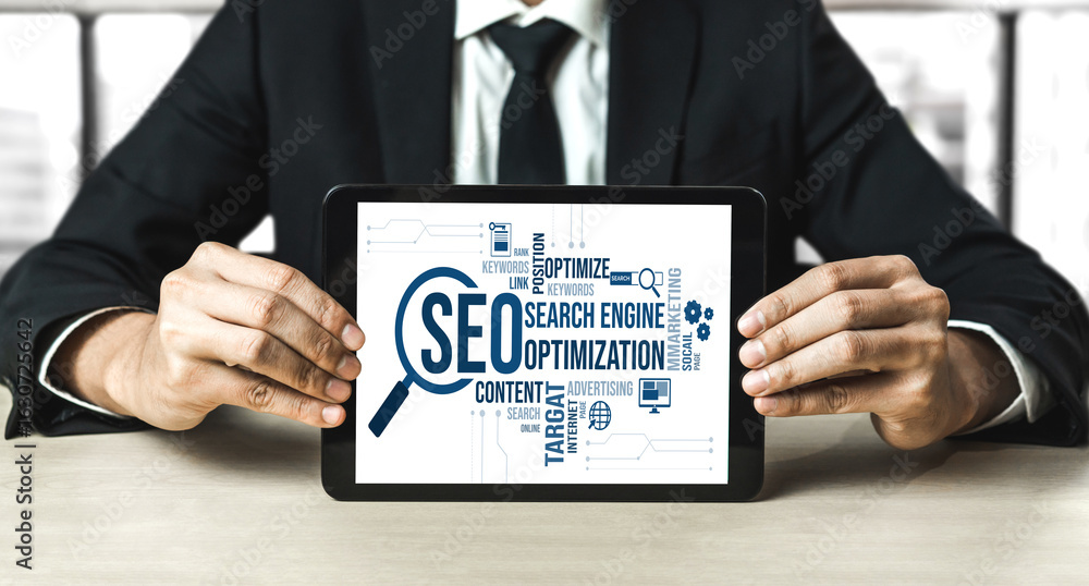 Poster seo search engine optimization for modish e-commerce and online retail business showing on computer 
