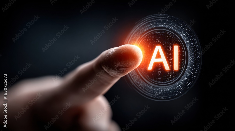 Aufkleber close-up of a finger touching a glowing ai button in a futuristic setting.