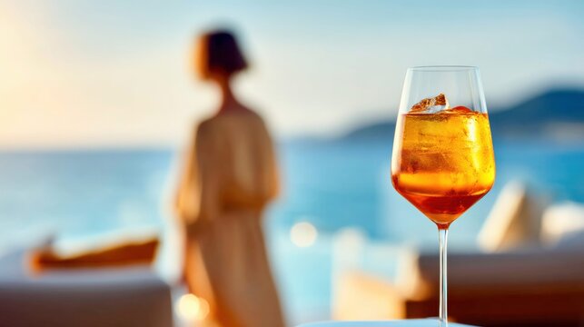 An aperitivo cocktail is served on a sunny day at the beach, with the sea in the background.