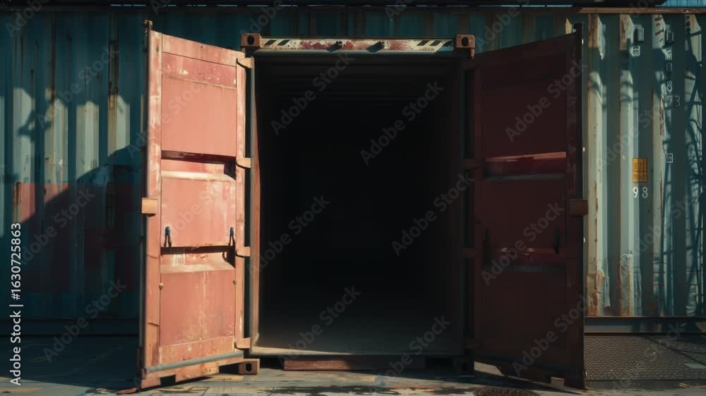 Poster a red container sits in front of a building exterior with a modern architecture