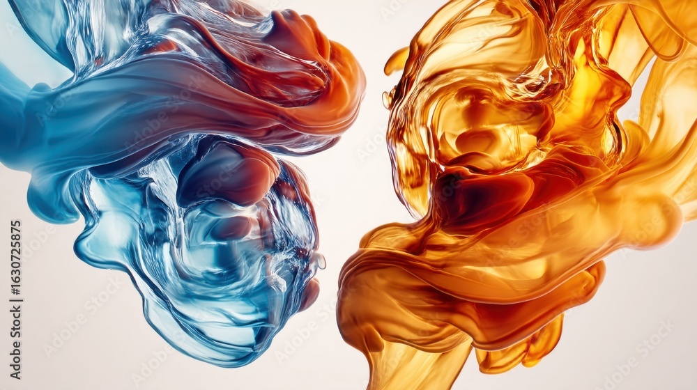 Poster abstract artwork features a dance of gold and blue fluid shapes, creating a dynamic visual.