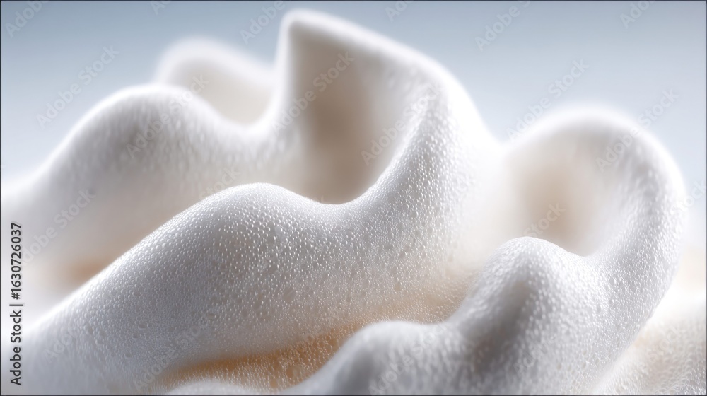 Poster an abstract close-up showcasing the soft and bubbly texture of white foam with droplets.