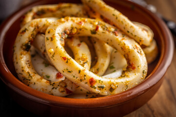 Marinated squid rings in bowl on wooden table.